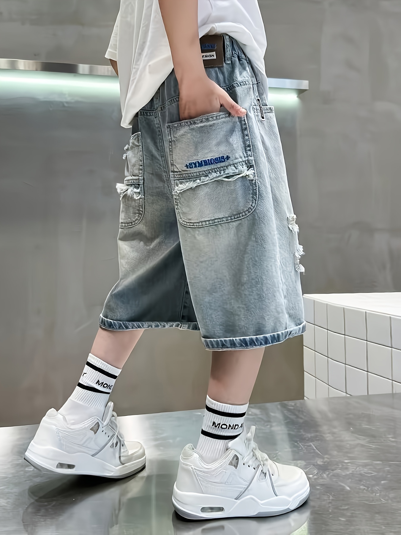 2025 new boys distressed denim shorts casual ripped half Temu
