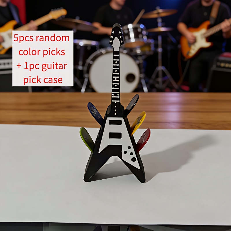 A Guitar Pick Storage Box With 10 Storage Slots, Featuring A Creative Guitar Shape, And 5 Guitar Picks In Random Colors.