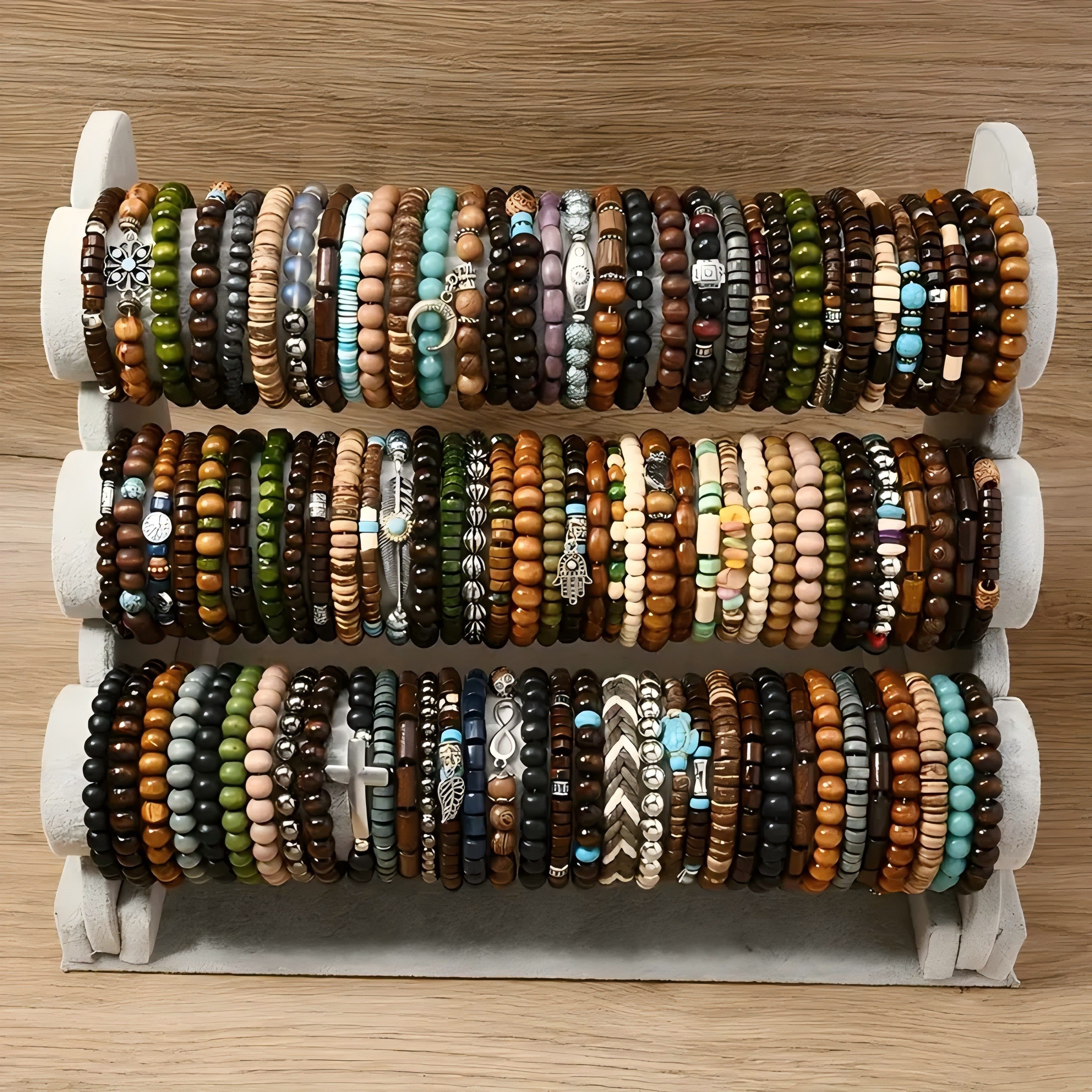 

12/24 Men's Handmade Beaded Mixed Color Bracelet Diy Rope Wooden Bead Bracelet