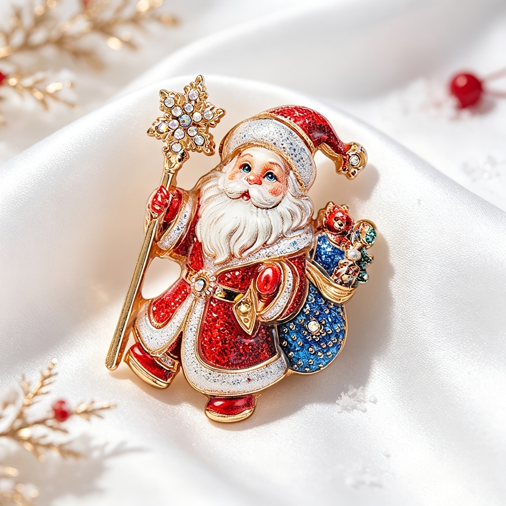 TEMU 1pc Solevdo Enamel Rhinestone Brooch Novelty Santa Claus Pin For Men And Women, Vintage Snowflake Staff Gift Bag Santa Lapel Pin, Xmas Holiday