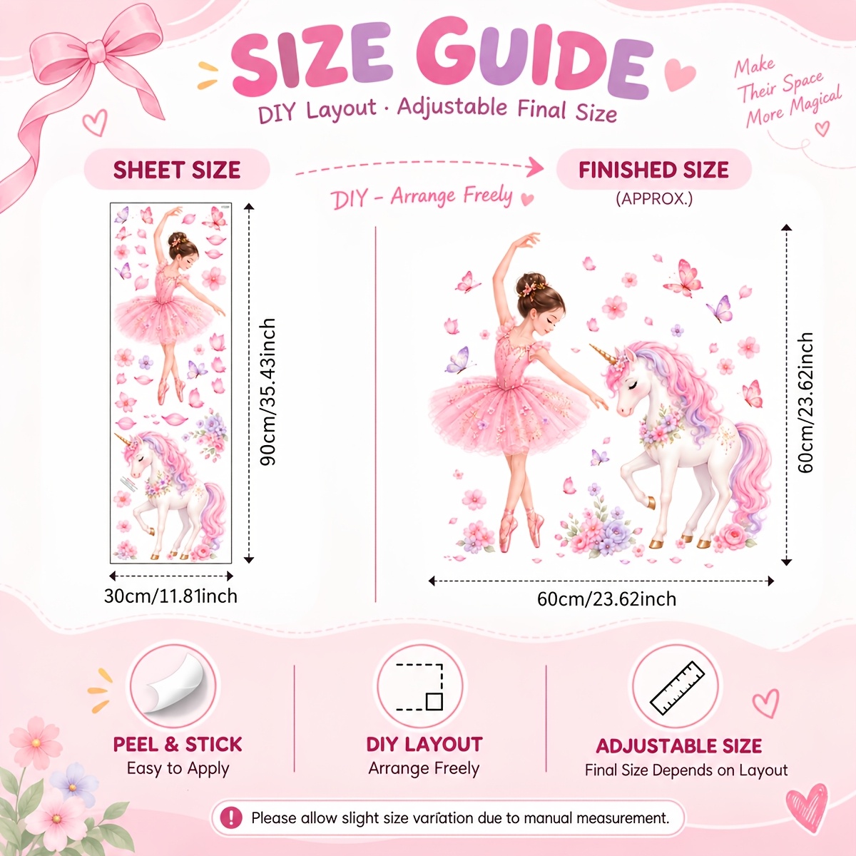 TEMU 1pc 30×90cm Ballet Dancer Wall Stickers, Pink Unicorn Cherry Flower And Petal Pattern, Removable Vinyl Decal For Bedroom Home Interior Wall
