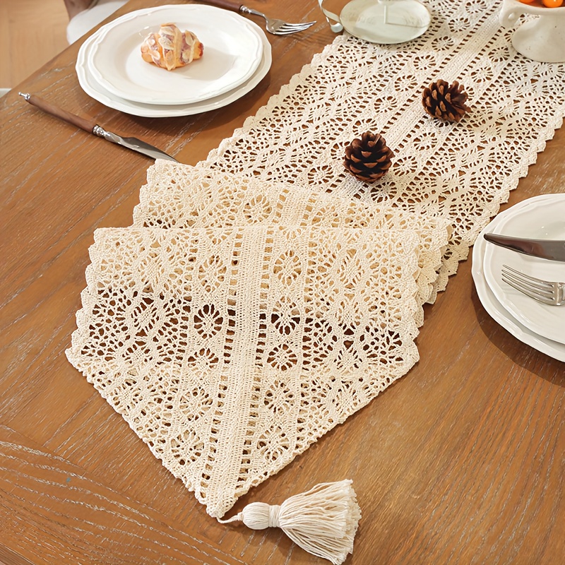 E-shop Vintage Tischläufer im amerikanischen Stil mit hohem Häkel-Polyester-Spitzenmuster, mit Quasten, gewebte Polyester-Quasten mit Blumenmuster,