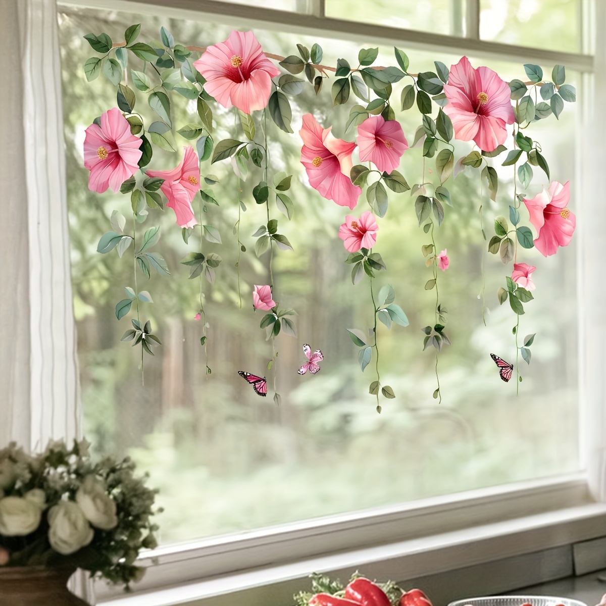 

Contemporary Style Flower Window Decals - 1pc Pink Blooming Floral & Pvc Film, Self-adhesive Glass Sticker With Crystal - Semi-matte , Removable Murals For Decor