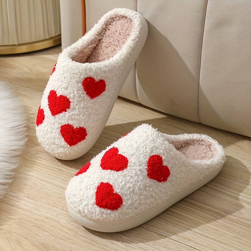 TEMU Heart Pattern Plush Slippers, Winter Warm Soft Sole Flat Shoes, Cozy Indoor Floor Slippers