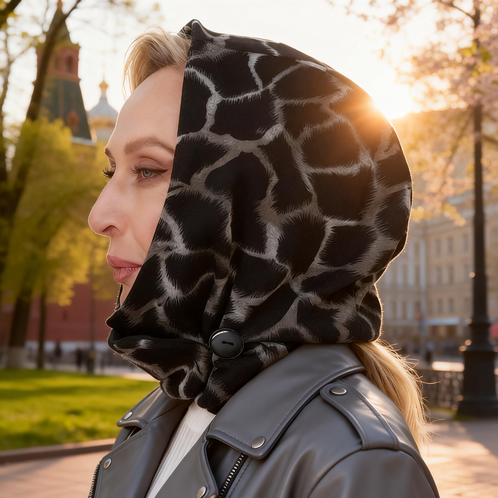 Geometric Pattern Printed Double-layer Thickened Warm Hat With Drawstring And Buttons For Cold Weather, Perfect Warm Gift For Autumn And Winter