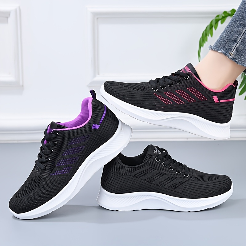 

[1 Pair Women's Breathable Running Sneakers] 1 Pair Women's Breathable Casual Running Sneakers, Solid Color Fabric Low-top Lace-up Shoes With Pvc Sole For All