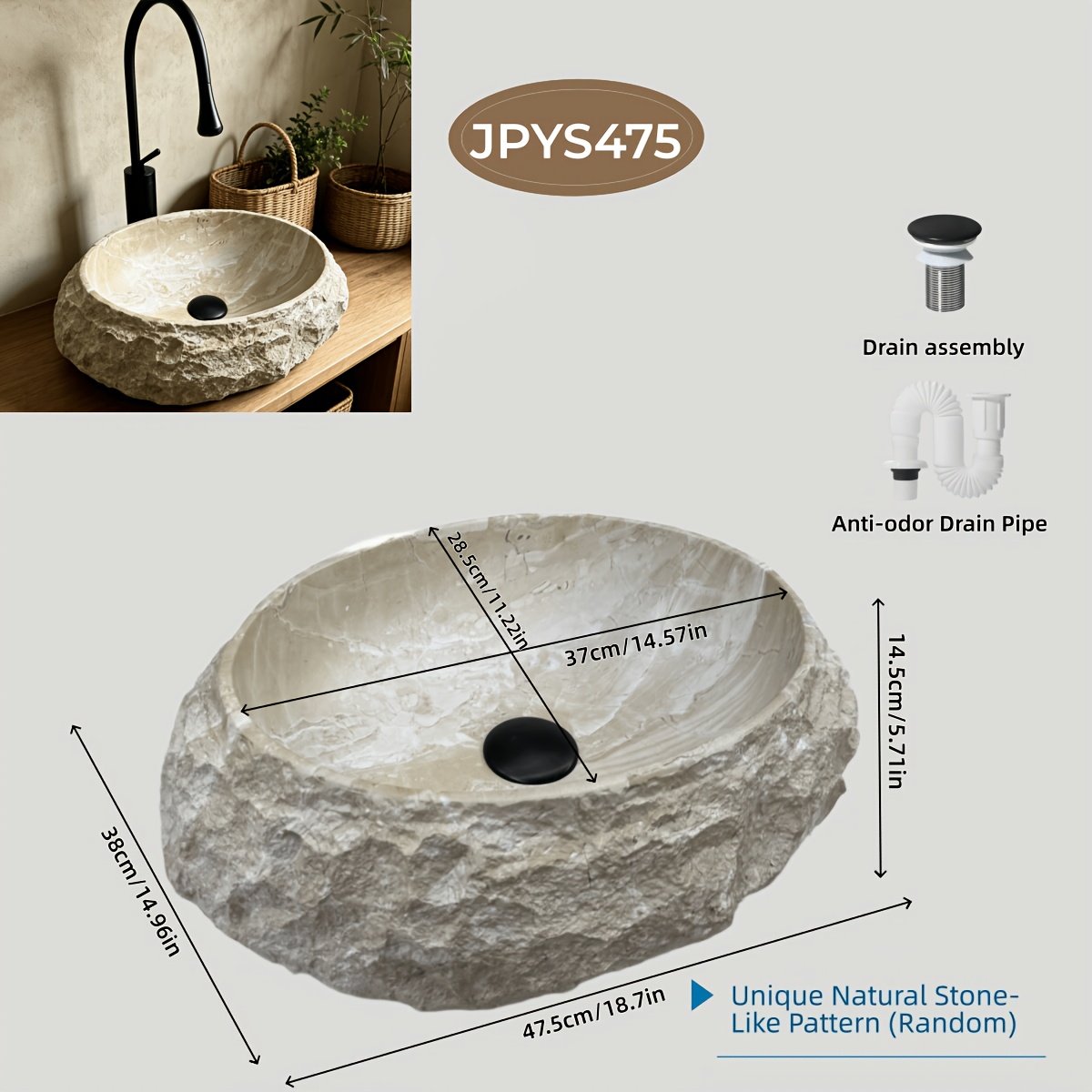 1pc Unique Stone-Shaped Artificial Stone Bathroom Sink, Washbasin, Deep Anti-Splash Artistic Basin, Decorative Basin, Large Single Basin, with Drain And Anti-Odor Drain Pipe, Suitable for Various Decoration Styles of Bathrooms