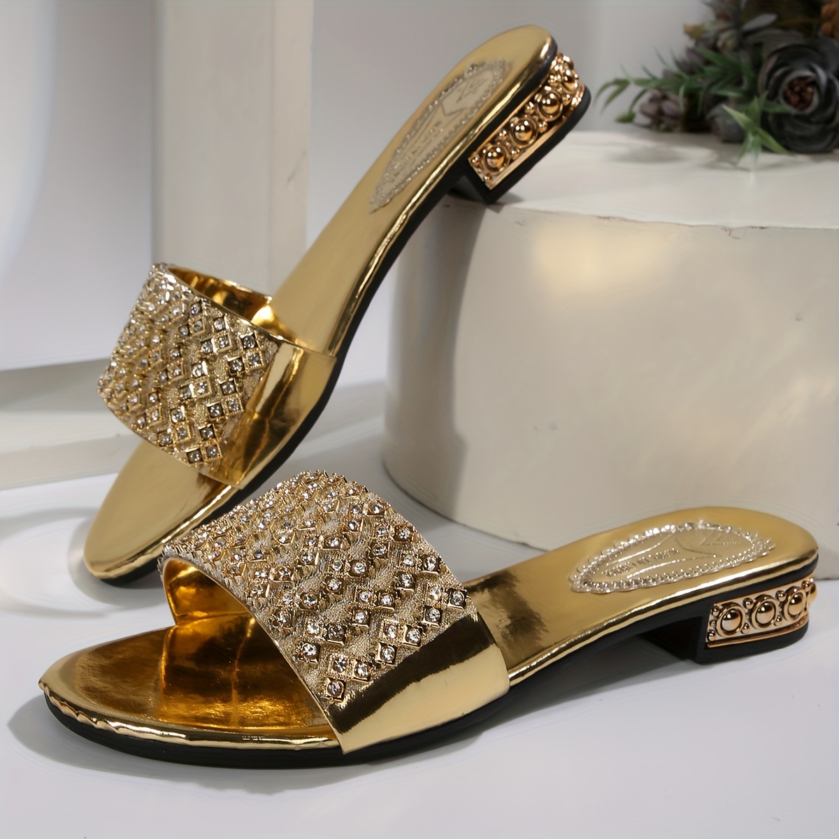 Women's Retro Slip-On Sandals - Black with Golden Rhinestone Accents, Round Toe & Adjustable Straps, Low Heel Comfort for All-Season Casual Wear, Strappy Sandals