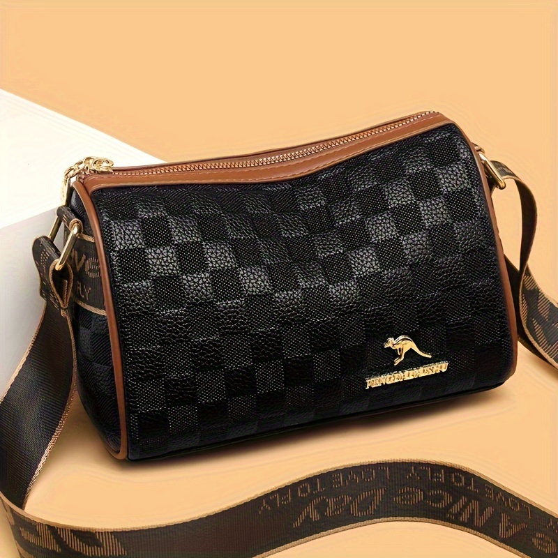 

Vintage Pu Leather Crossbody Bag With Wide Strap, Large Capacity Shoulder Bag For Women, Solid Black With Zipper Closure And Polyester Lining, Baigou Craftsmanship