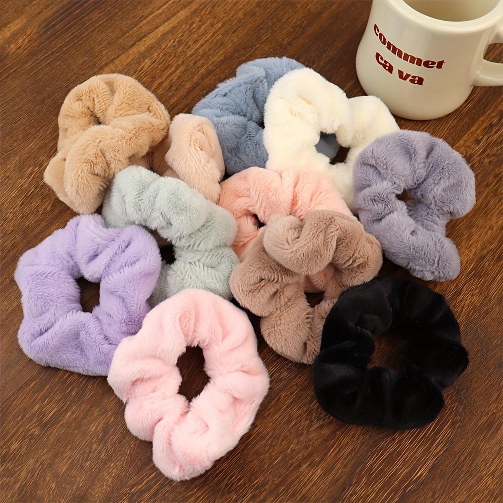E-shop 6er-Pack Herbst/Winter Kunstkaninchen-Plüsch-Haargummis im Dickdarm-Stil, cremefarbene flauschige Haar-Accessoires, süße internetberühmte