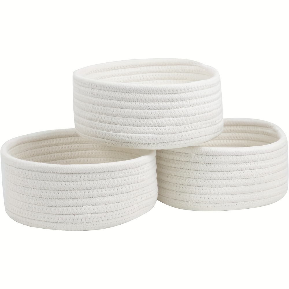 Image of Set Of 3 Small Woven Baskets - Mini Round Bohemian Decor For Bathroom Counter & Desk, Boho Style Organizer Trays For Jewelry & Small Items, Shelf Baskets
