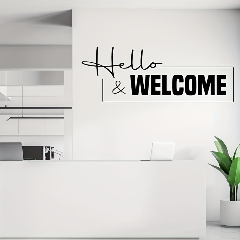 Hello & Welcome" Vinyl Wall Decal - Contemporary Office Reception Sign, -on Entryway Mural For Door