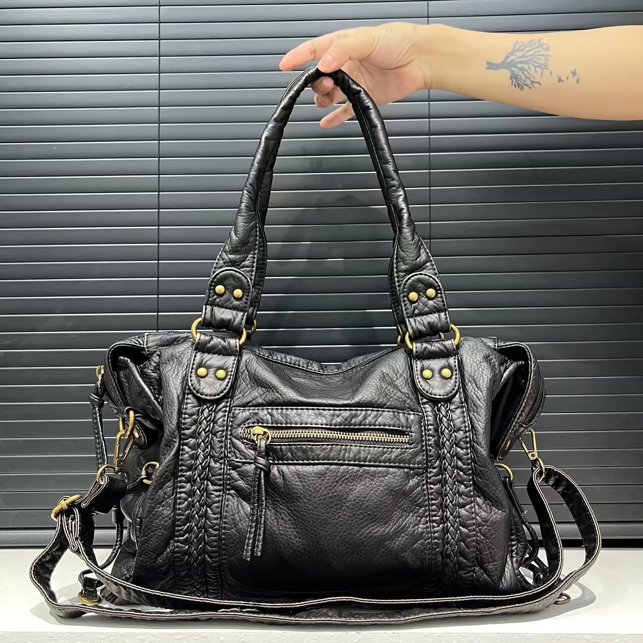 womens y2k vintage synthetic leather tote bag multi pocket - Temu
