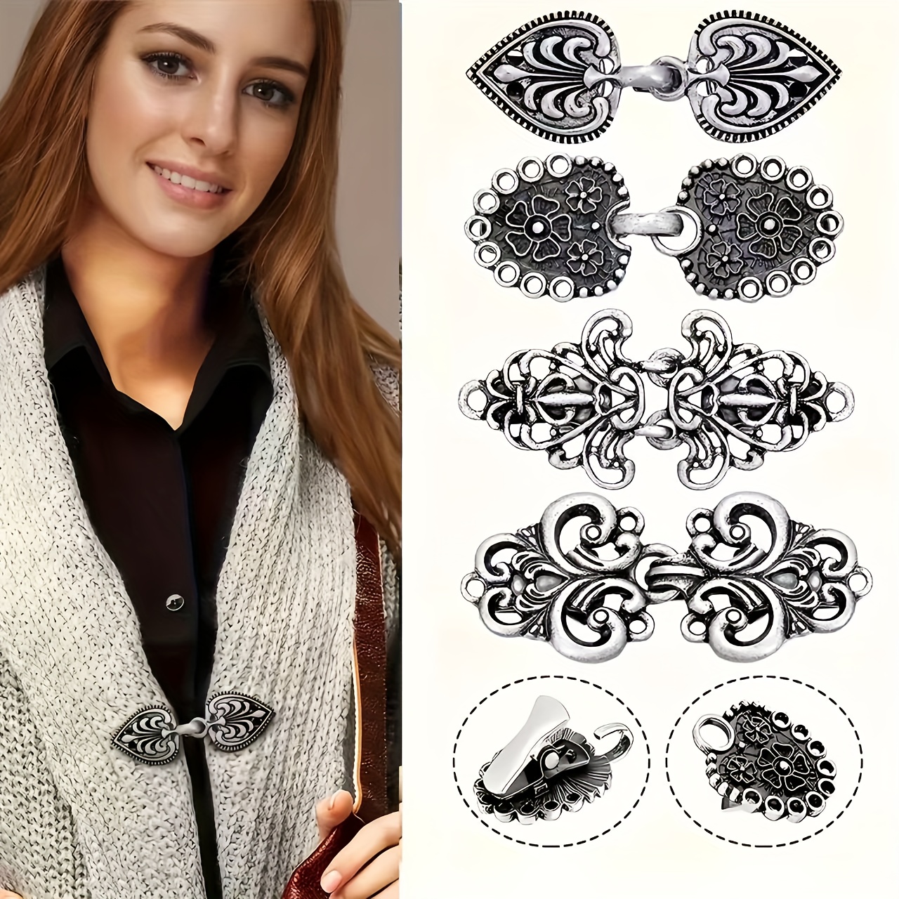 Image of 4pcs Vintage Alloy Sweater Clips, Swivel Sweater Clip, Elegant Cloak Collar Clip, Cardigan , Shawl Fixed Clip, Shirt Clip, Coat Scarf Clip, Perfect Gift For Men And Women