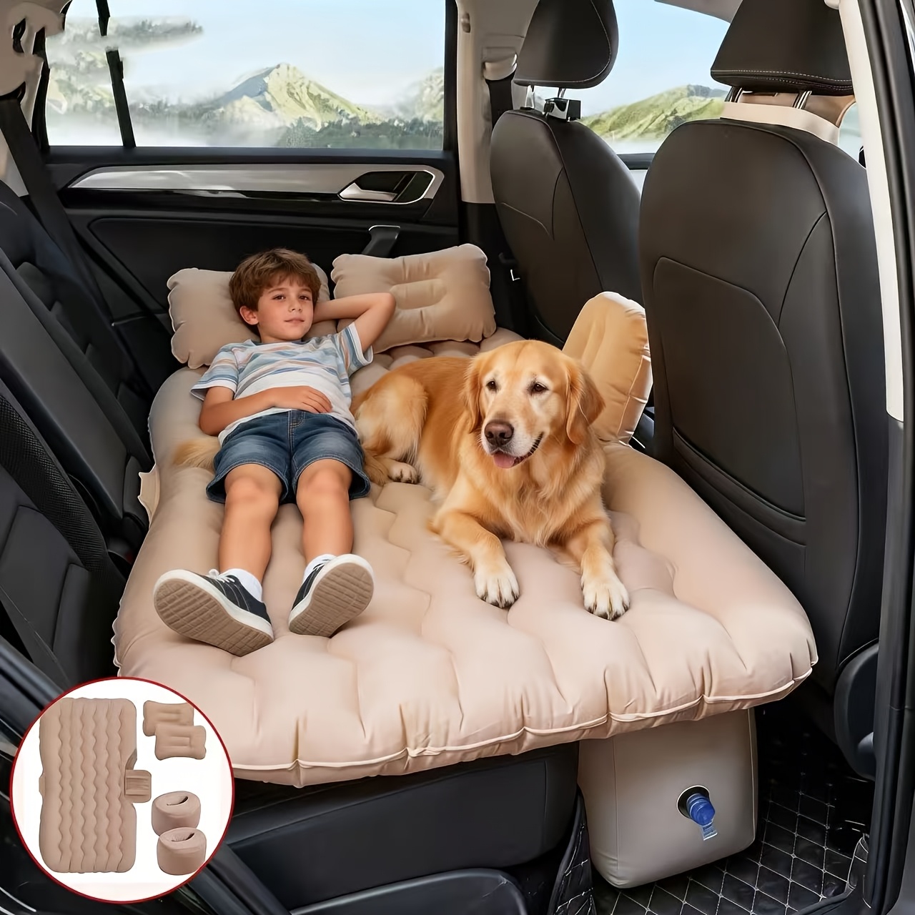 Premium Blue Gray And Beige Black Portable Inflatable Car Mattress, Car Beds For Vehicles, PVC Material, Suitable For Backseat Sleeping, Outdoor Camping Picnic Travel Cushion Bed, Car Accessories For Men