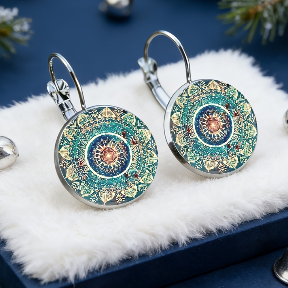TEMU Pendientes Retro Mandala Franceses, Material de Aleación, Incrustaciones de Vidrio, Regalos de Moda Femenina, Adecuados para Uso Diario con