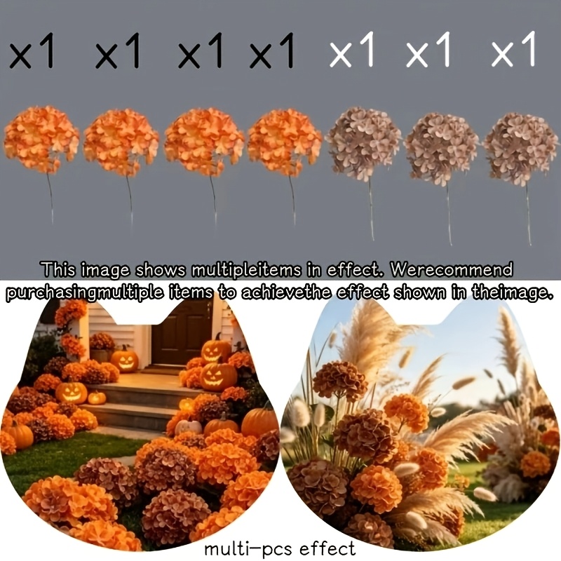 TEMU 7pcs Bouquet d'hortensias orange et marron, fleurs artificielles d'automne, convient pour la décoration intérieure, centre de table d'Halloween,