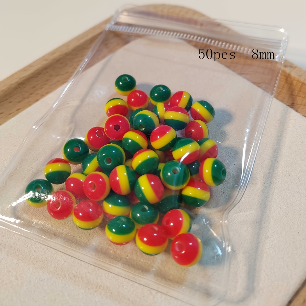 TEMU 50 stuks 8mm Reggae Gestreepte Kralen - Levendige Multikleur Ronde Kralen voor Sieraden Maken, Feestdecoraties & DIY Knutselen - Duurzame