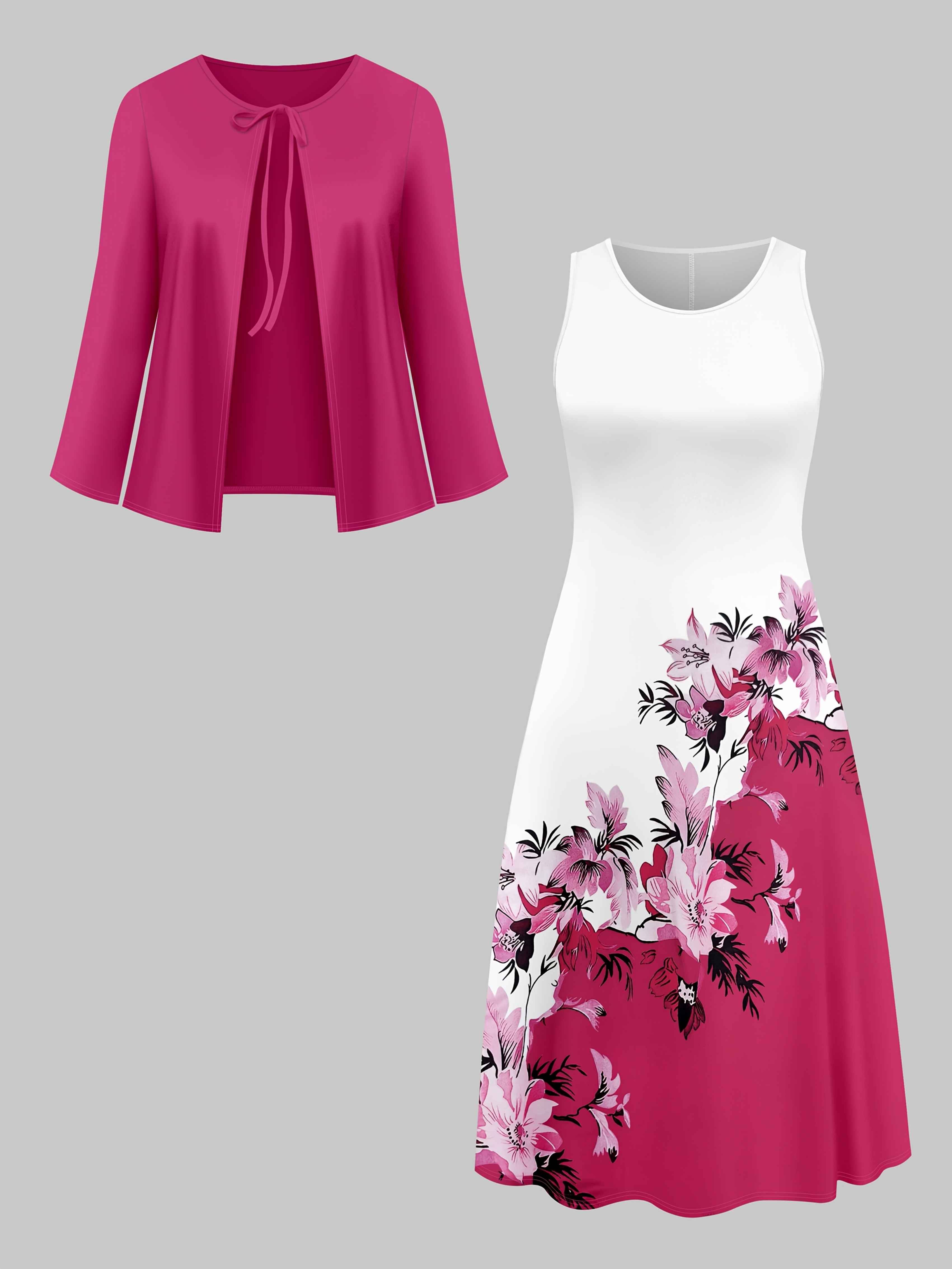 Fashion Women's solid color small cardigan and floral print patchwork dress two-piece set