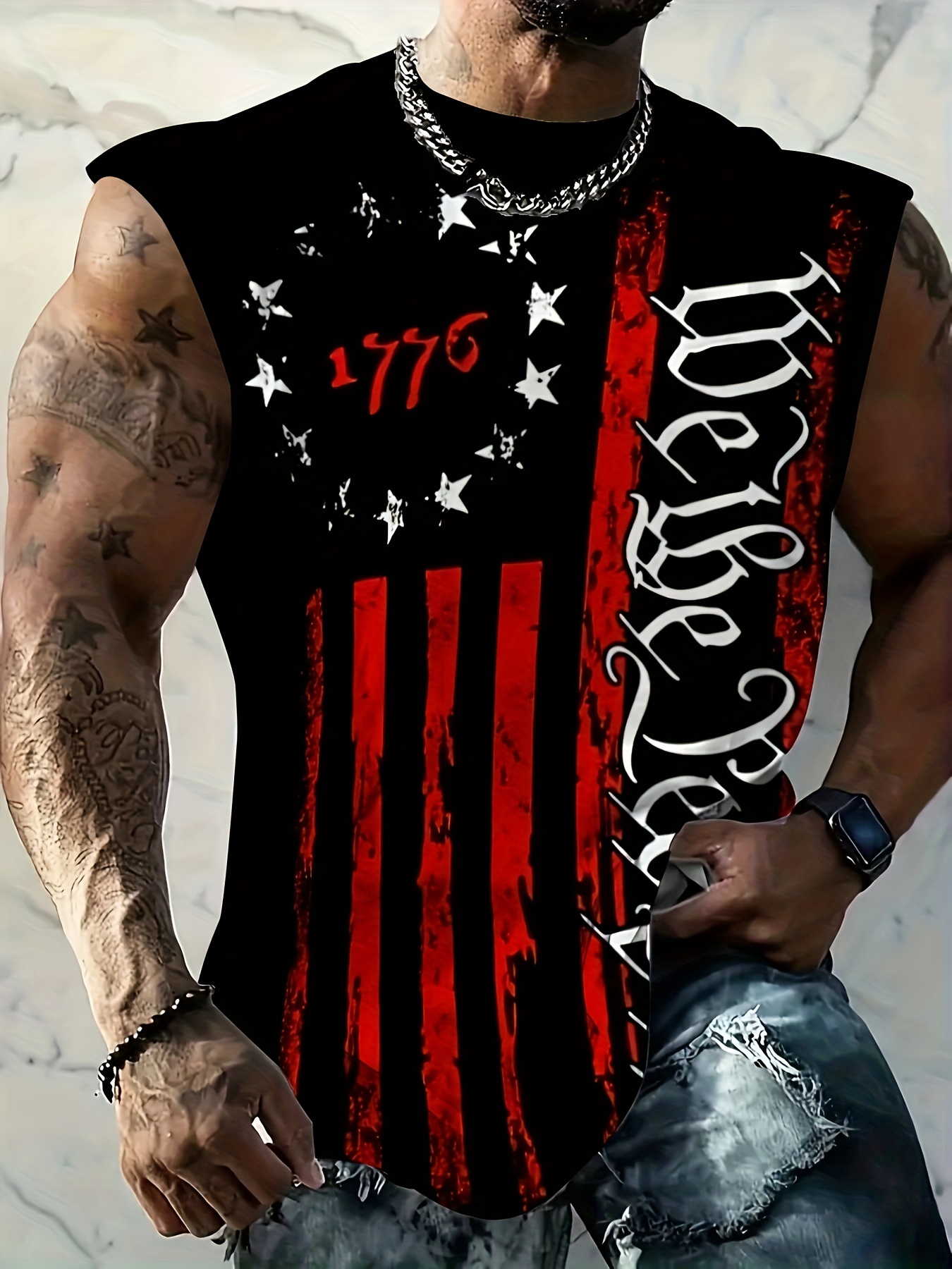 Men'S Plus Size Patriotic Graphic Tank Top - Breathable Sleeveless Athletic Shirt for Summer, Fitness, Basketball & Casual Wear, Navy Blue with Red, White & Blue Print, Casual Sportswear | Bold Print Shirt | Comfortable Fit, PLUS SIZE