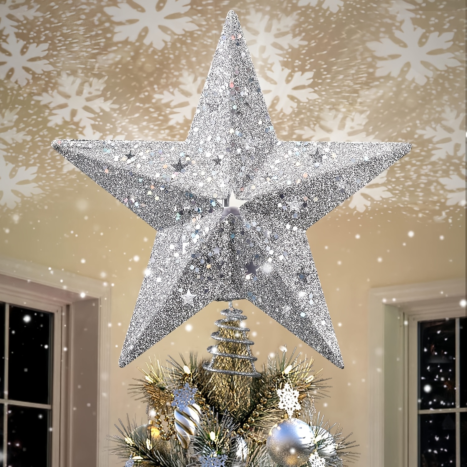 

2024 Christmas Tree Topper, Sparkling Led Snowflake & Star Christmas Tree Topper - 11.3'' Glittered Rotating Treetop Light, Holiday Decor & Ambiance