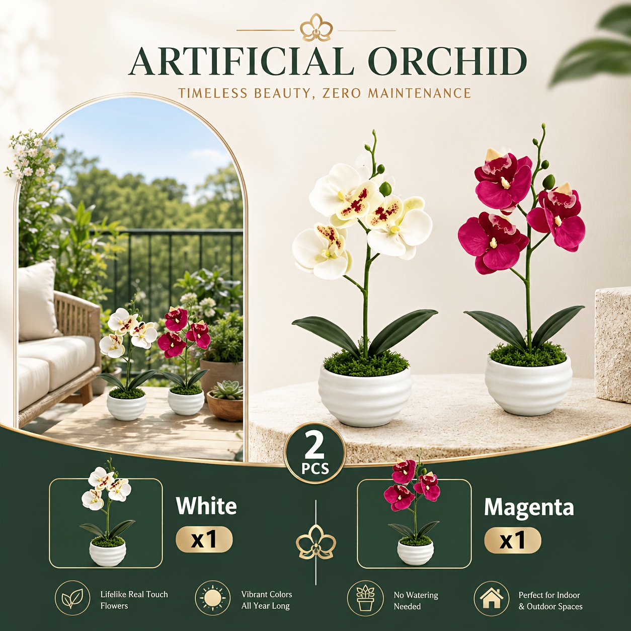 TEMU 2pcs Of High-quality Artificial Mixed-color Phalaenopsis Orchids (with Pots), Orchids, Lovely Room Ornaments, Home Indoor/outdoor Decor, Garden