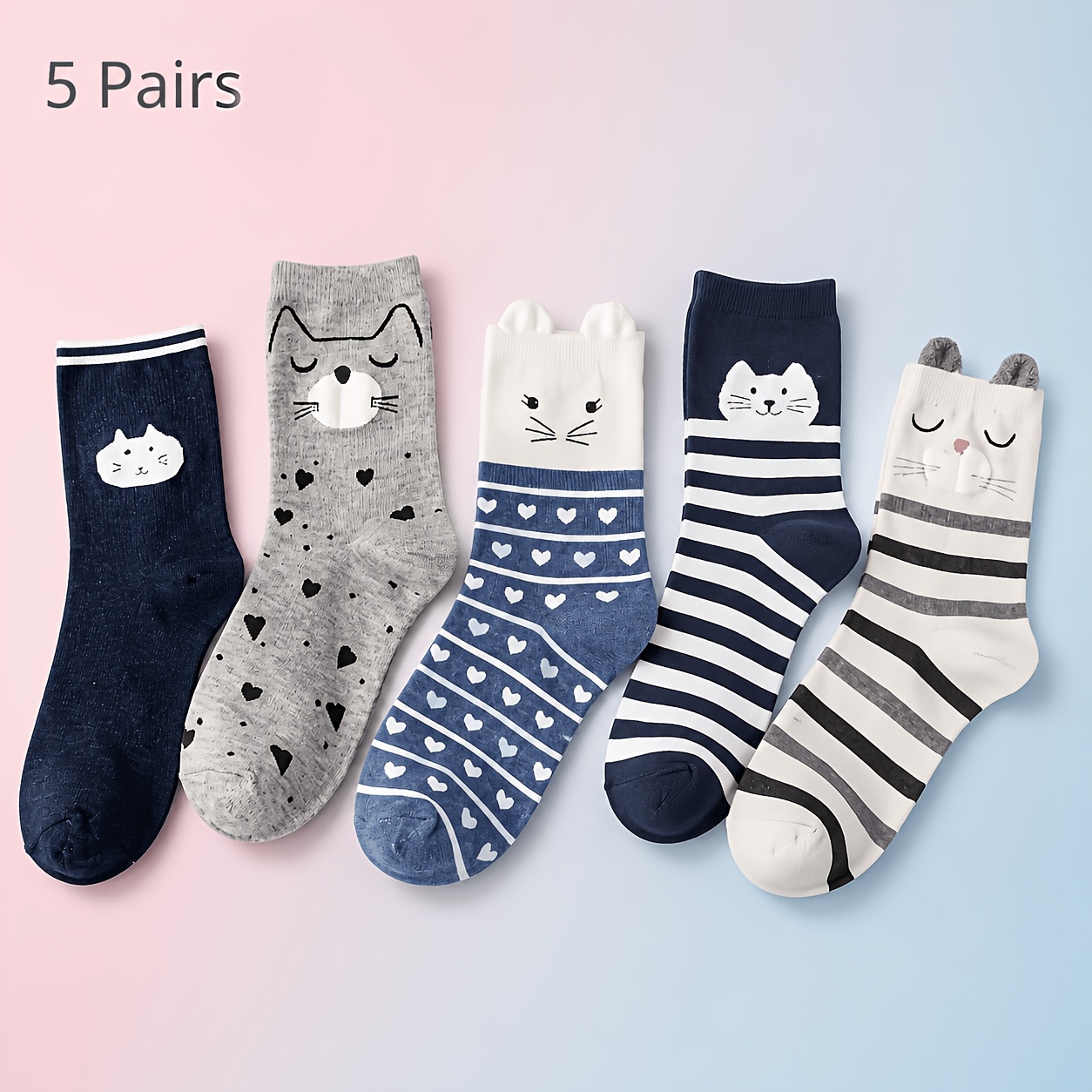 TEMU Lot de 5 paires de chaussettes pour femmes, motif chaton de dessin animé , respirantes, confortables, amusantes et tendance, parfaites pour un