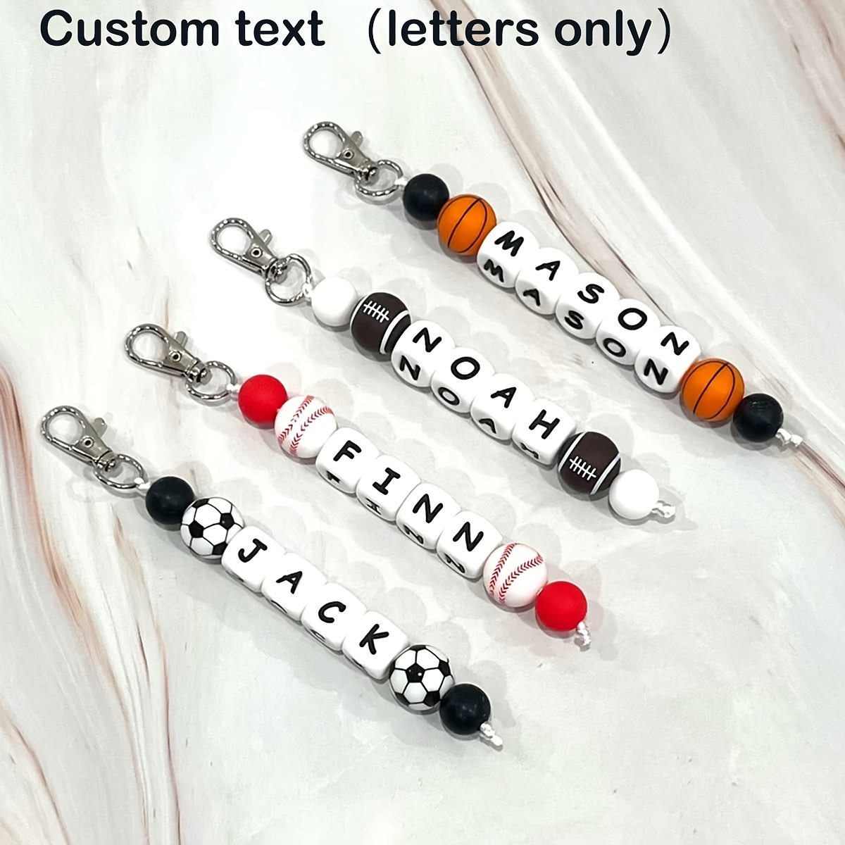 

Custom Silicone Keychain With Personalized Name - Sporty Beaded Design For Sports Fans, Backpacks & Gifts - Featuring Football, Basketball, Baseball, Rugby