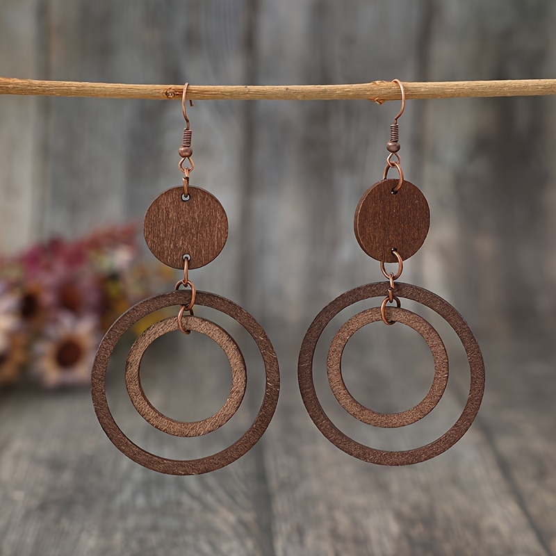 

1 paire de boucles d'oreilles pendantes en bois bohème, boucles d'oreilles rondes creuses rustiques à double cercle, bijoux tendance d'inspiration vintage pour femmes, accessoire en bois