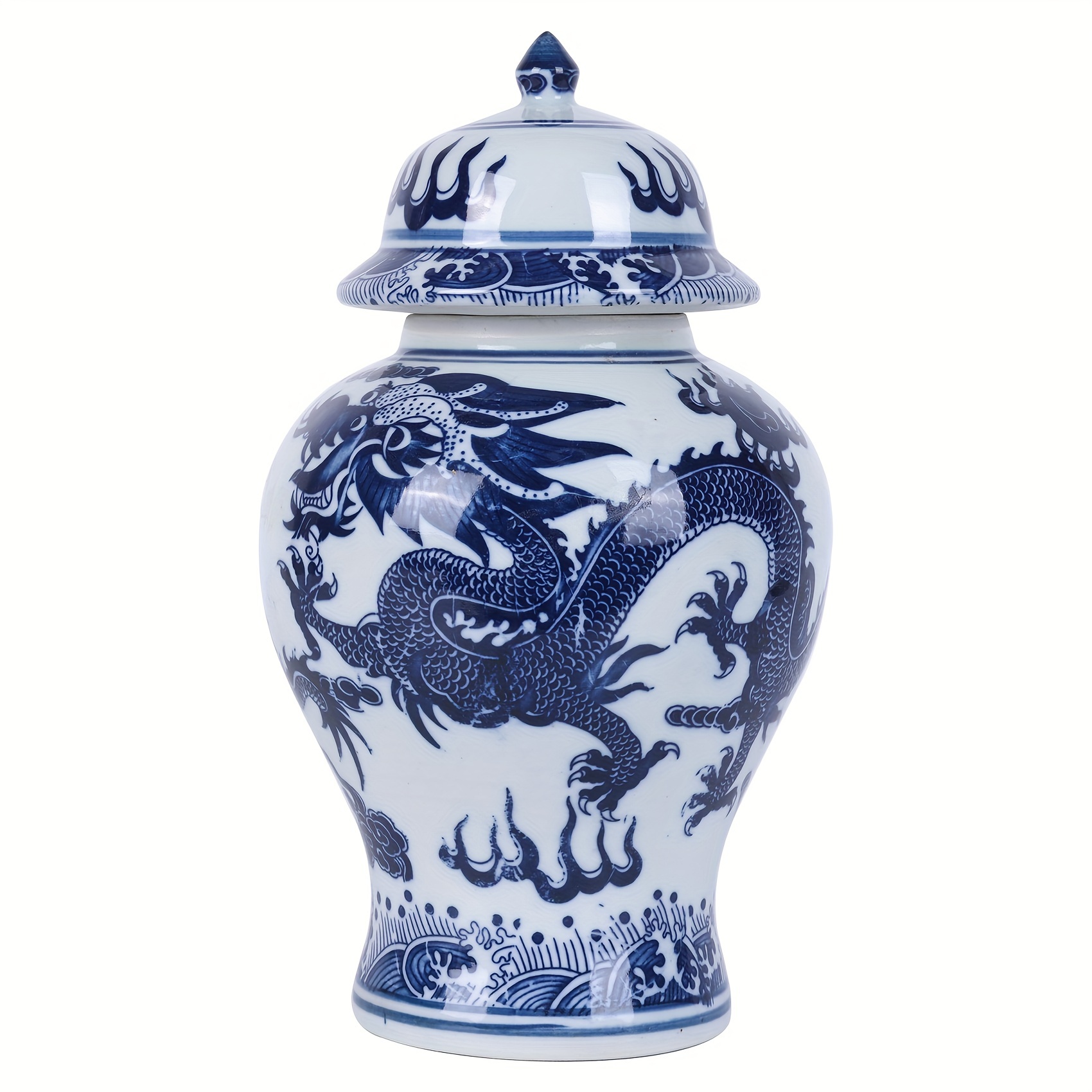 手作り中国青花磁器の壺 龍蓋付き伝統的な花瓶 装飾用ラウンドフリップ