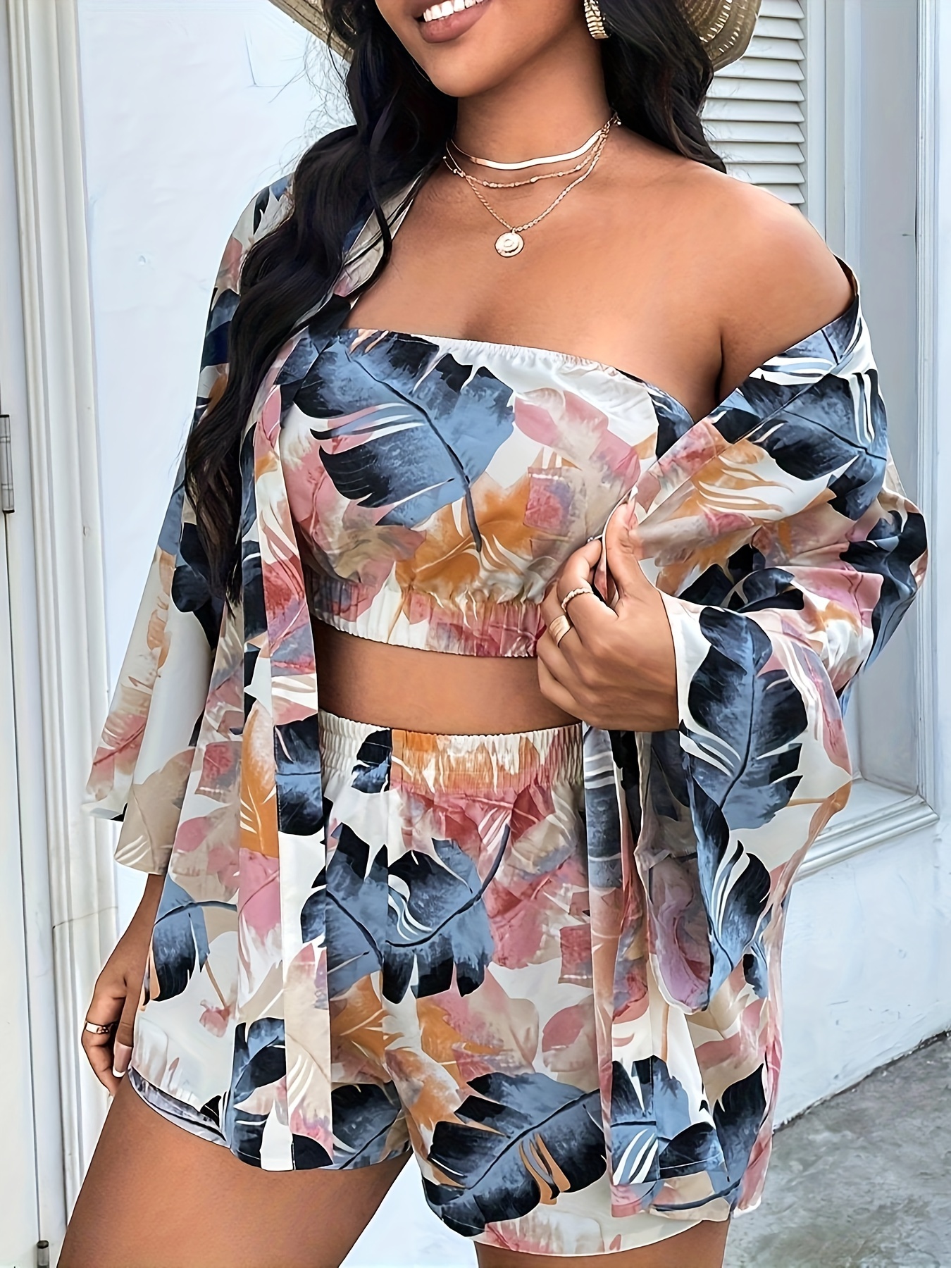 Plus Size Casual Outfits Two Piece Set Women's Plus Floral - Temu Canada