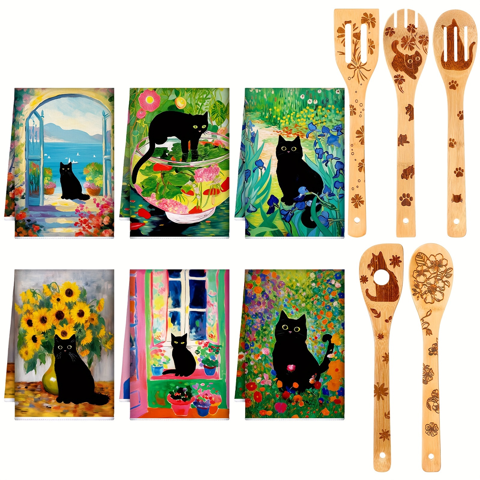

11 Pcs Kitchen Decor Bee 6 Kitchen Dish Towels And 5 Wooden Spoons Set Cat Hand Towel Cat Themed Gifts For Bathroom Home Housewarming Gifts (cat Style)
