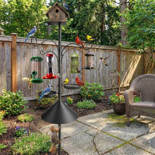 92 heavy duty bird feeder pole with squirrel baffle adjustable outdoor wild bird feeding station kit with shepherd hooks and metal trays for garden