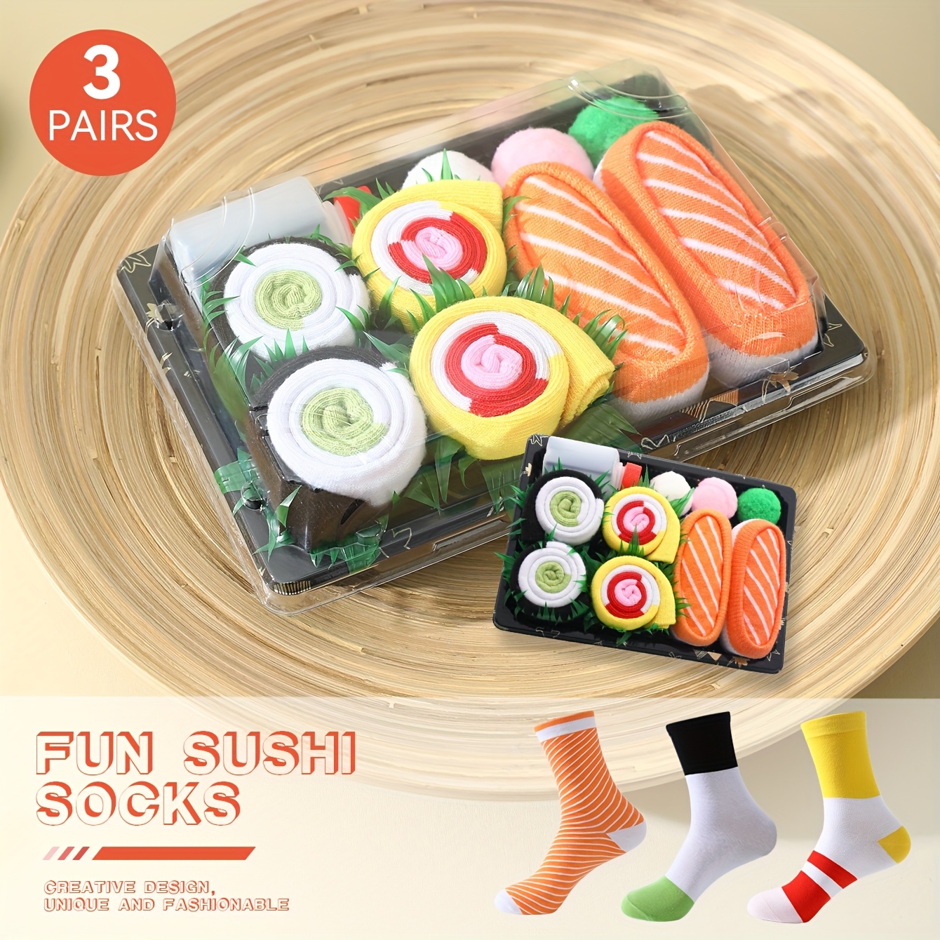 TEMU 3 Pairs Of Novelty And Fun Striped Sushi Themed Socks, And Summer Unisex Mid-calf Socks, Ideal Gifts For Birthday Parties, Family Day Parties,