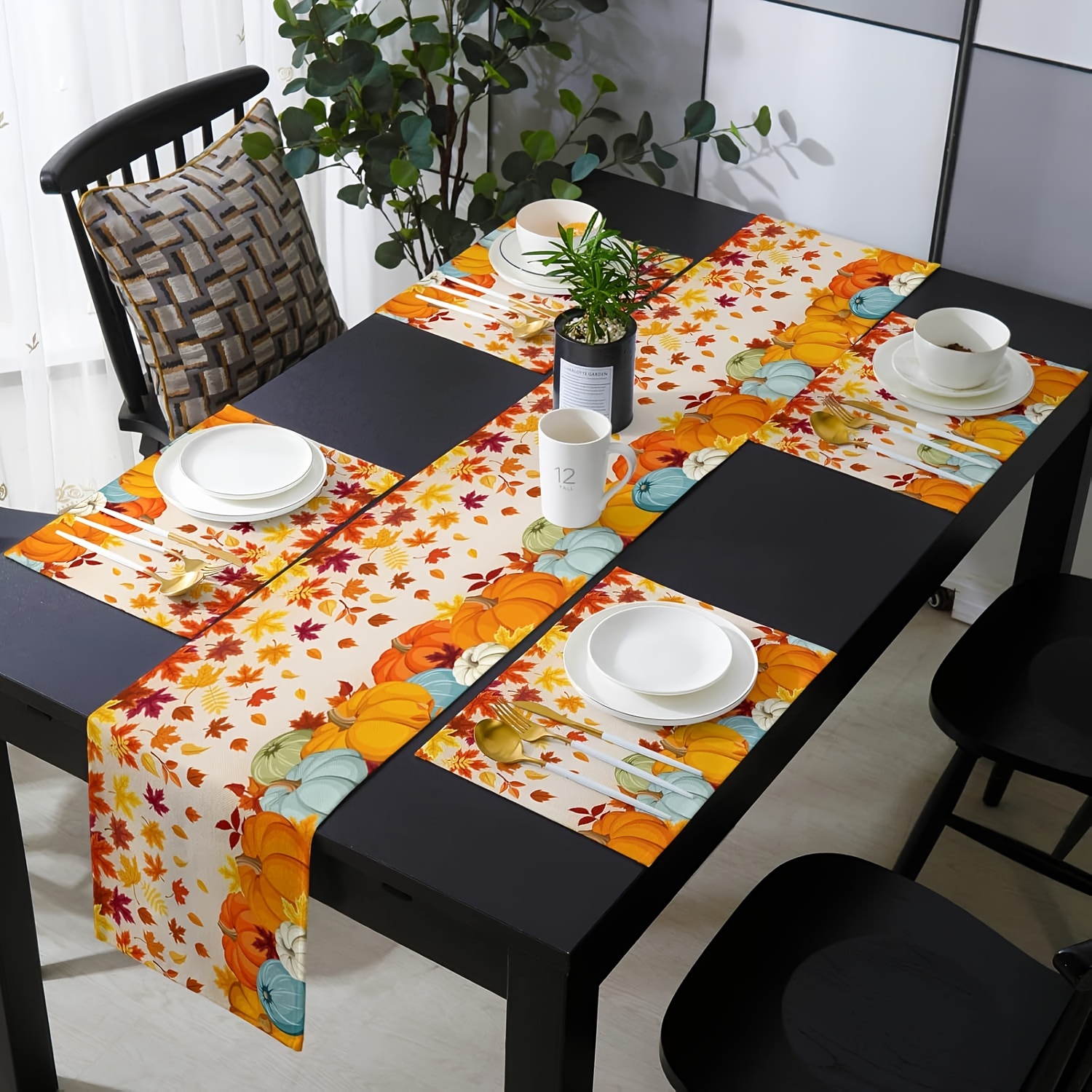 

Festive Thanksgiving Pumpkin Table Runner And Placemats Set - Farmhouse Orange, Yellow, And Maple Leaf Fall For Dining Table/party/kitchen