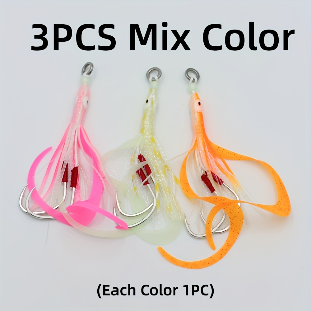TEMU 3pcs Soft Squid Skirt Lure With Long Streamer Double Slow Jigging Assist Hook Saltwater Fishing Luminous Artificial Bait Rose