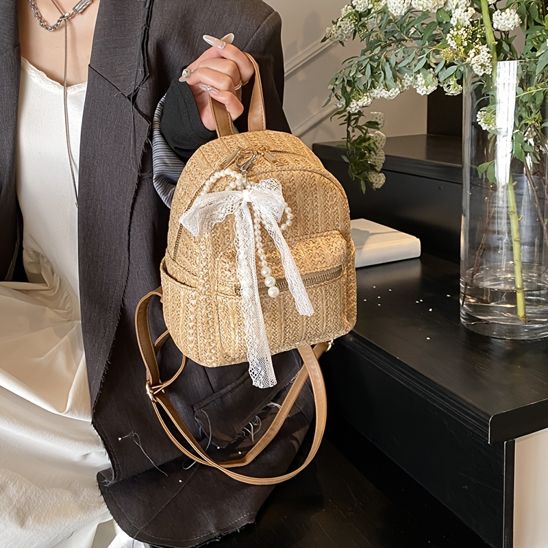womens beige straw backpack mini travel bag zipper closure  display picture 2