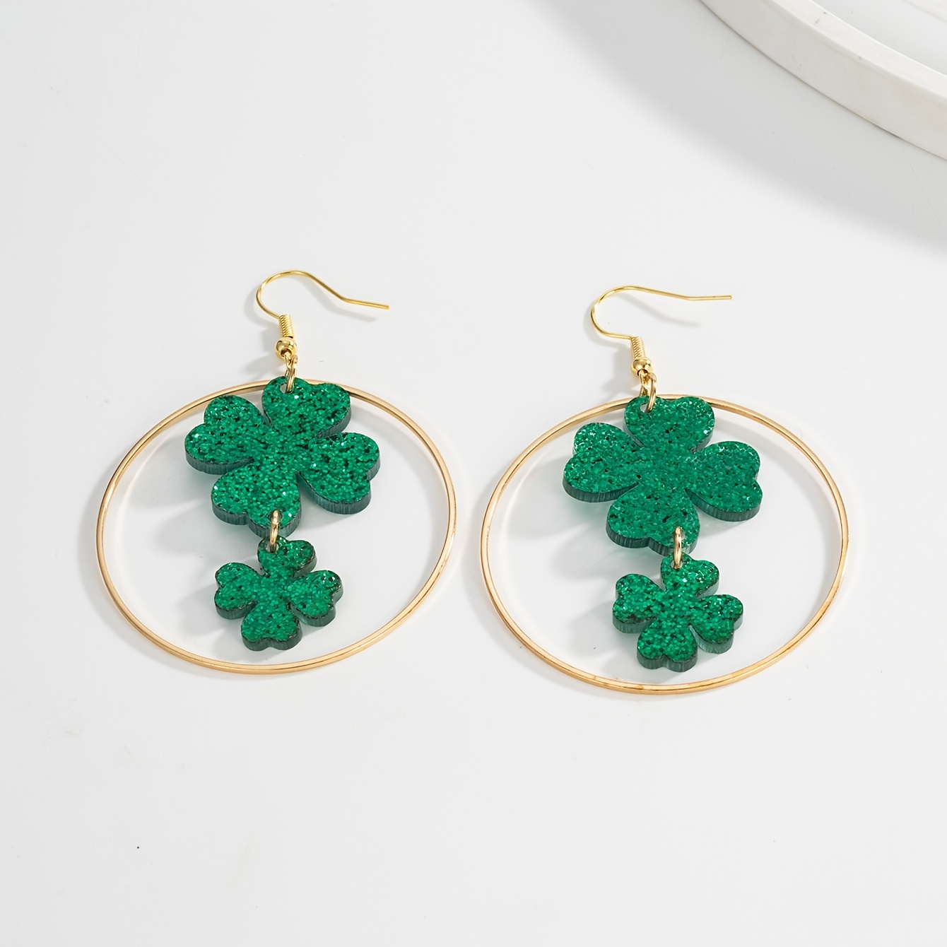 Fashionable Double-Layer Glitter Shamrock Pendant Earrings