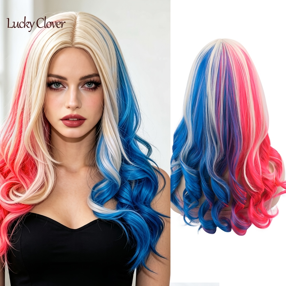 TEMU Women's Long Big Wavy Synthetic Wig, Middle Part Ombre Blonde Half Pink Half Blue Colored Wig, Heat Resistant Hair Wig For Halloween, Theme