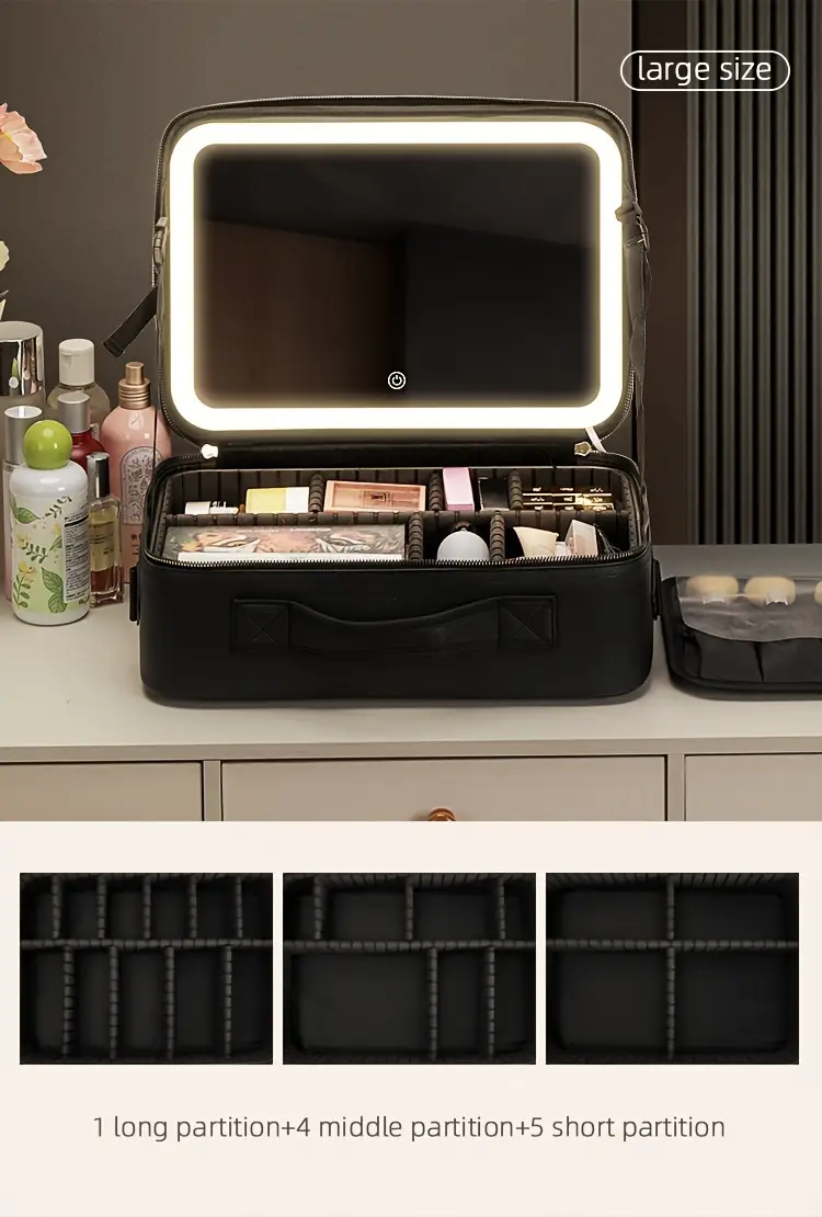 makeup travel bag with led lighted adjustable brightness portable makeup case with adjustable dividers make up train case organizer makeup brush accessories and tool case Product details 3