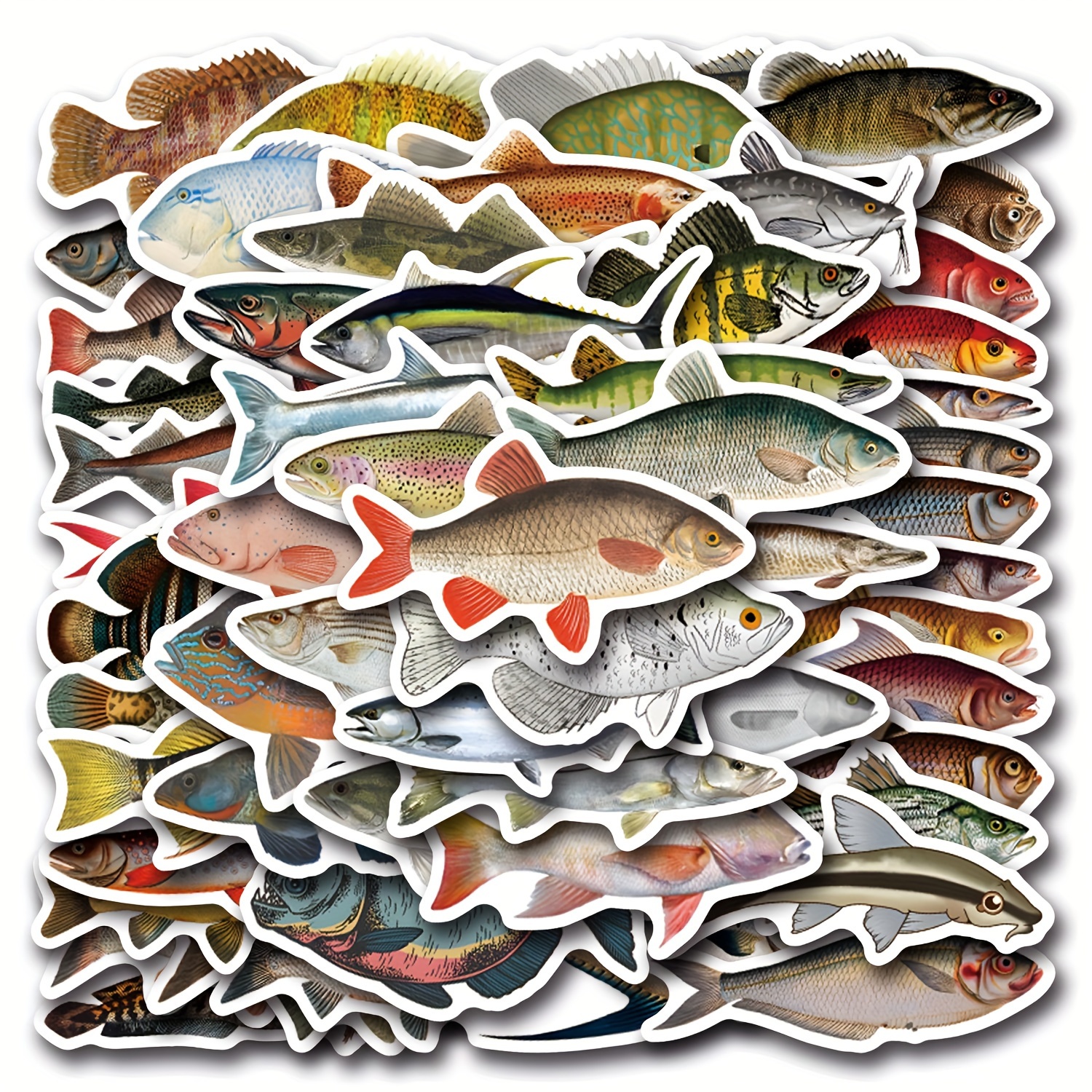 

56pcs Cartoon Fish Vinyl Stickers Set - Mixed Designs For Scrapbooking, Journaling, Laptop, Skateboard, Water Bottle, Phone, Reusable Self-adhesive Decals With Crystal &