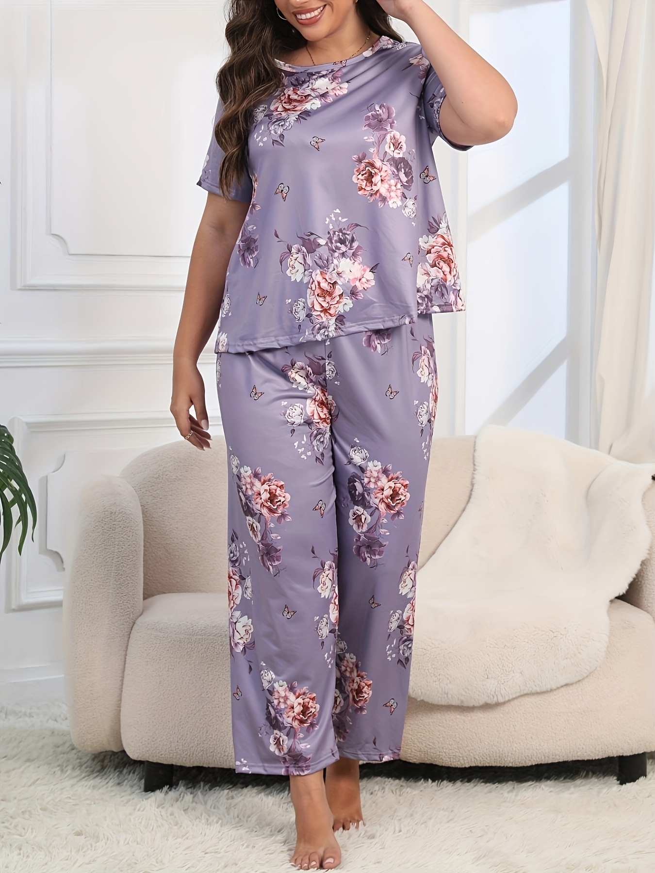 women's plus size floral print knit pajama set casual short Temu