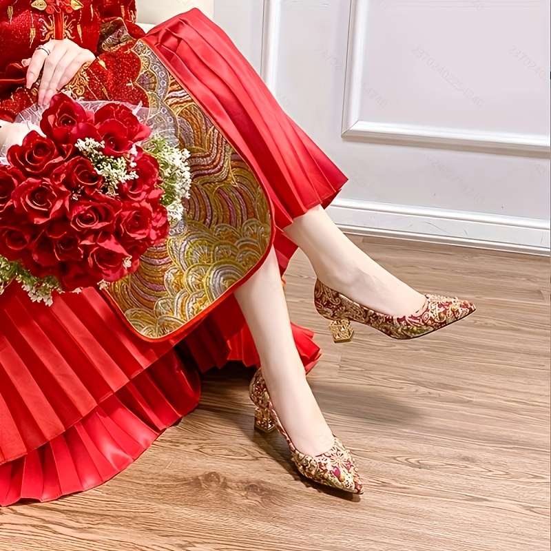 womens chinese inspired wedding shoes red golden floral Temu
