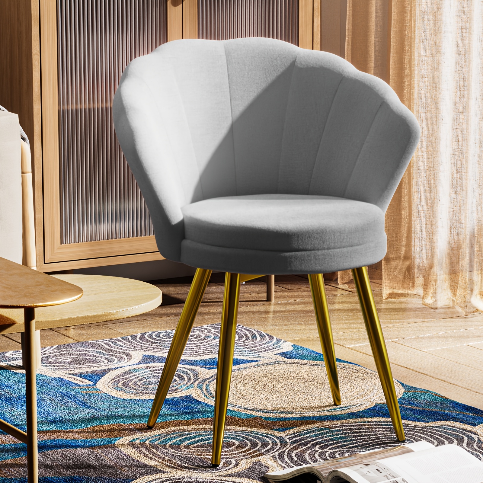 TEMU Juego de 1 sillón de terciopelo con respaldo de concha de terciopelo de tela de terciopelo y patas de metal doradas para , dormitorio, tocador
