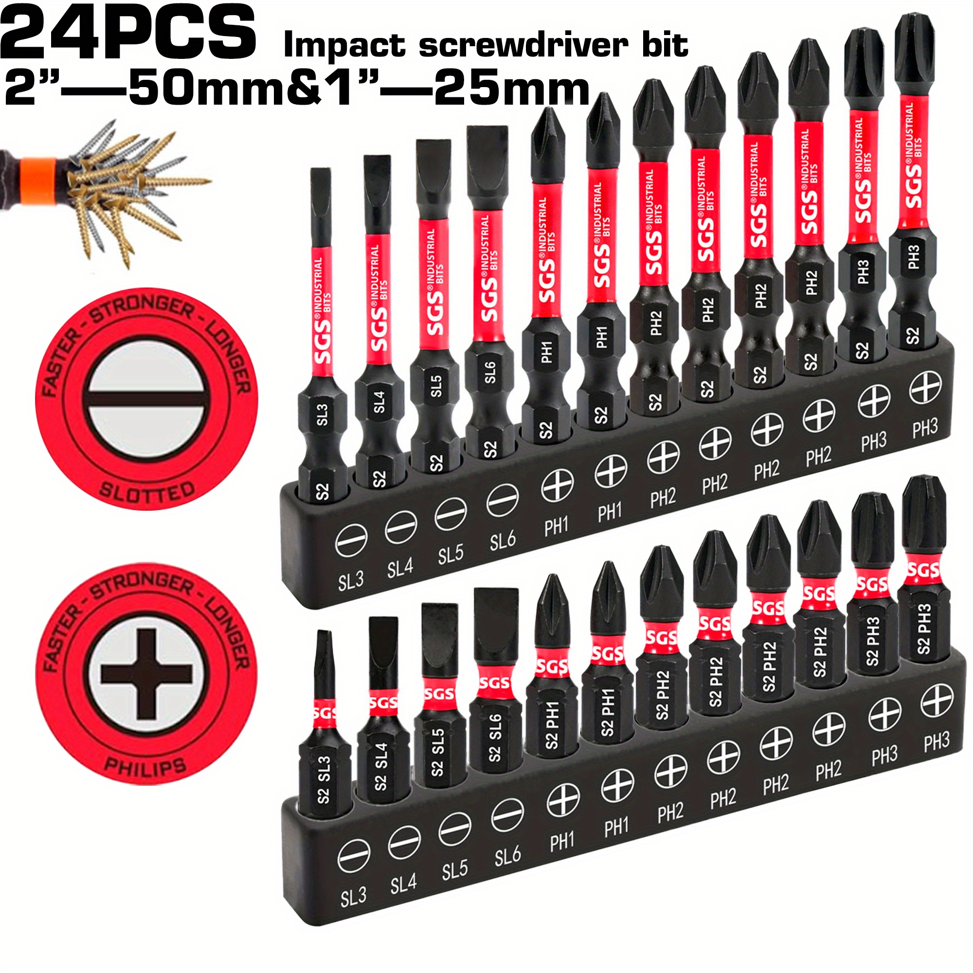 S2 Steel Hrc 61 Magnetic Bit Set, Full Coverage Of Cross/slotted, For Power Tools & Home Decoration, With Black Storage Base