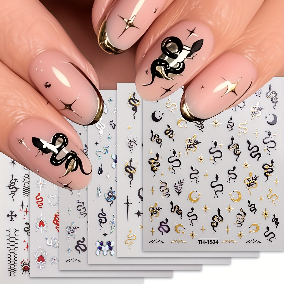 Image of 1 Set Of 6 Sheets Nail Art Decals, Red And Black Star Snake Design Stamping Embellishments Self-adhesive Nail Stickers For Women Party Nail Art Stickers Nail Art Supplies