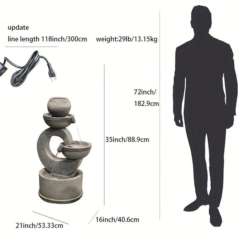 [Lighted Gray Water Fountain] Gray Outdoor Fountain with Lights | Indoor Floor-standing Waterfall for Courtyard, Garden, Terrace & Living Room