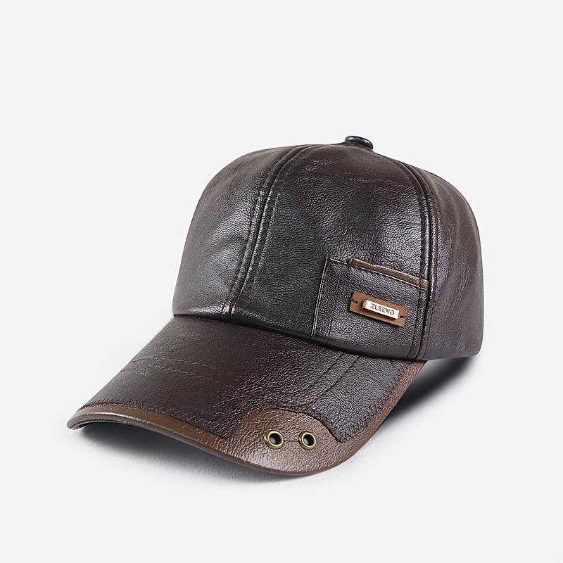 TEMU 【商品名】秋冬 フェイクレザー ベースボールキャップ メンズ ファッション フリース裏地 中年向け ダックビルハット 調節可能