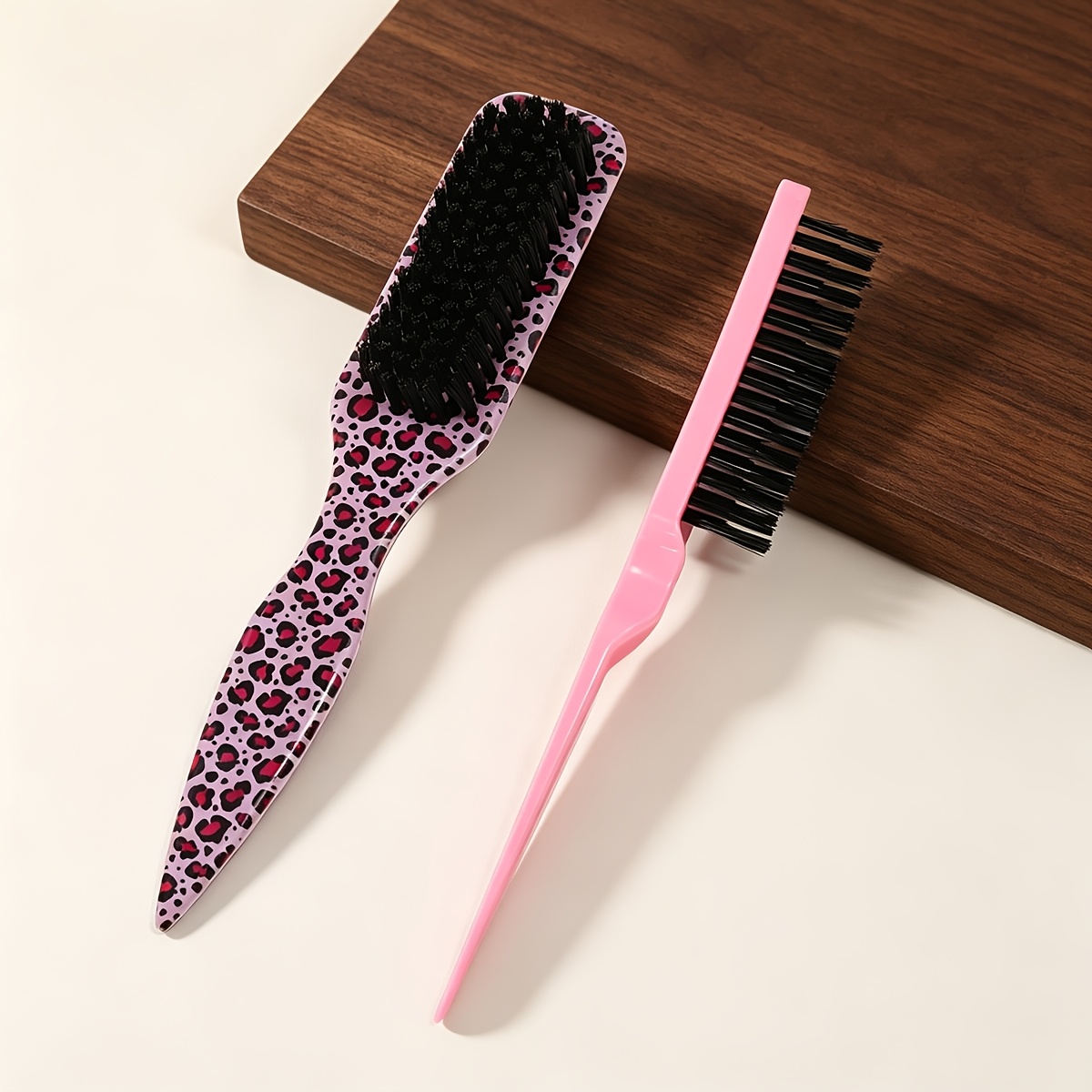 TEMU 2pcs/set Hair And Beard Brush Set, Soft Bristle Beard Brush With Unique Leopard Print Design, Edge Control Hair Brushes And Comb, Professional