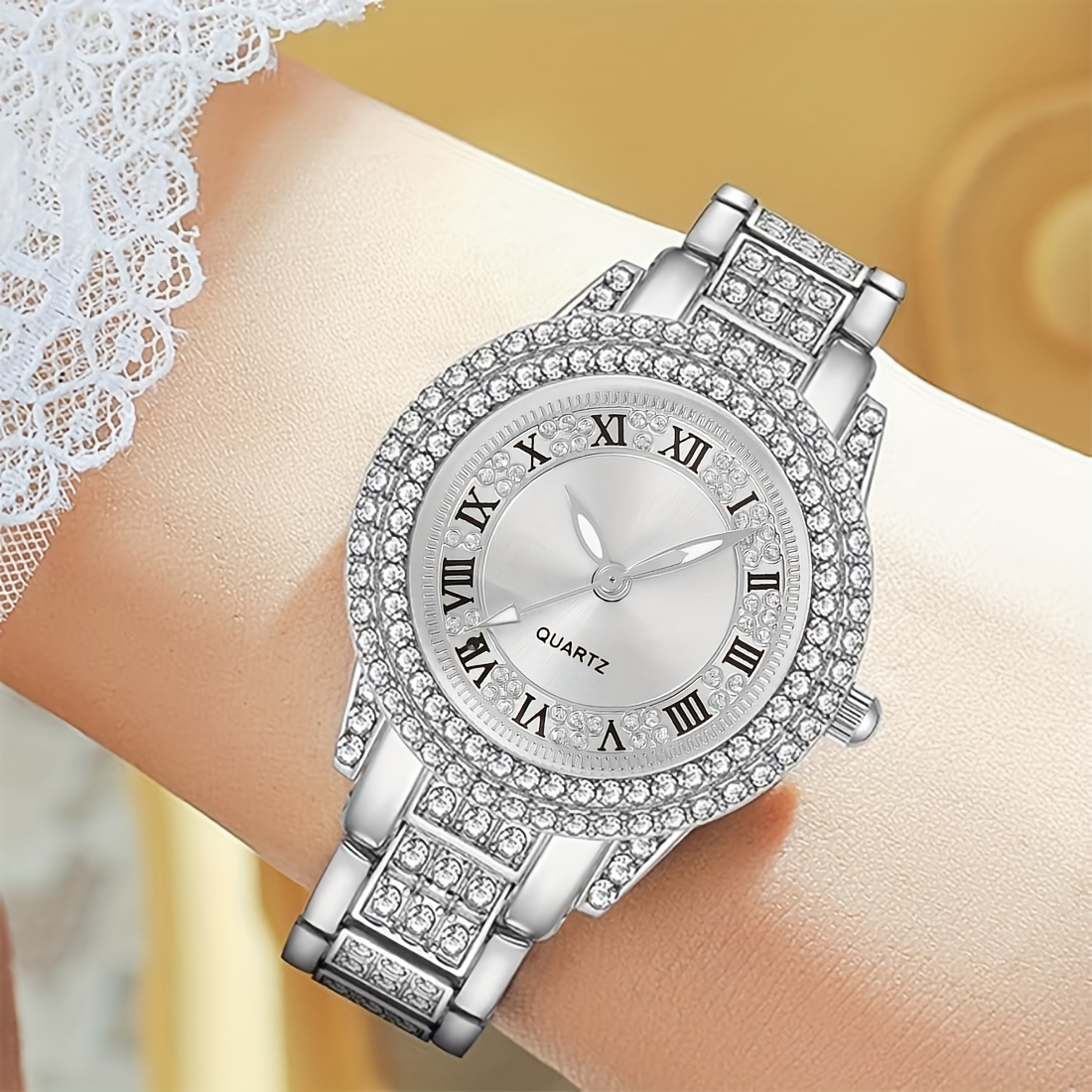 2pcs Watch and Bracelet Set Women Quartz Watch + Heart Bracelet Bling Silver Fashion Silicone Strap Womens Watch Water Diamond Heart  main image 2